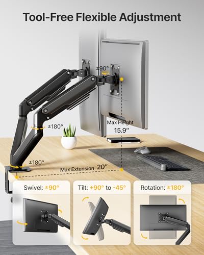 monTEK Dual Monitor Stand for Desk, 17-32 Inch Mechanical Spring Dual Arm, Heavy Duty Steel Adjustable Monitor Mount, Full Motion VESA 75x75/100x100, C-Clamp & Grommet, Holds Up to 20 lbs Each - size: Dual Arm