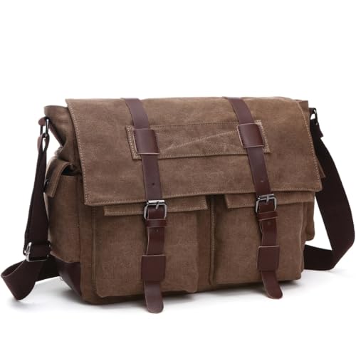 Vintage Canvas Messenger Bag, 15.6 Inch Laptop Crossbody Satchel with Multi-Pocket and Adjustable Shoulder Strap - color: Coffee