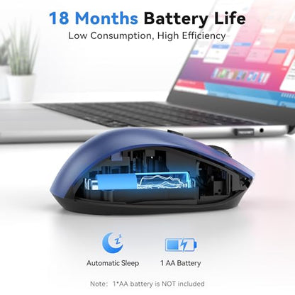 TECKNET Wireless Mouse for Laptop, Dual-Mode Bluetooth Wireless Mouse | (BT5.2/3.0 & 2.4G) Connection, Ergonomic Design, 5-Level DPI, Silent Click, Compatible with Laptop/PC/Windows/Chromebook - color: Blue