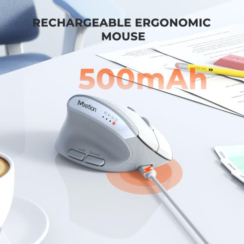 MEETION Left-Handed Ergonomic Vertical Mouse, Wireless, Rechargeable, Gray | Dual-mode connectivity via Bluetooth 5.2, Bluetooth 3.0 and USB. 4 adjustable DPI (800–2400) for Windows, Mac, PC and iPad - color: Left Gray