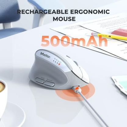 MEETION Left-Handed Ergonomic Vertical Mouse, Wireless, Rechargeable, Gray | Dual-mode connectivity via Bluetooth 5.2, Bluetooth 3.0 and USB. 4 adjustable DPI (800–2400) for Windows, Mac, PC and iPad - color: Left Gray