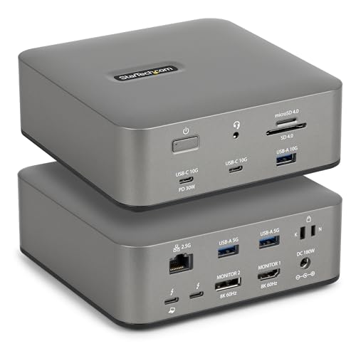 StarTech Thunderbolt 5 USB4 Dock, Dual 8K 60Hz, Triple 4K, 140W, 2.5GbE | Plug-and-play Windows 11 and macOS, Thunderbolt 5 Certified, Dual 6K on Mac, 120Gbps transfer, SD 4.0, 30W phone, USB 10Gbps