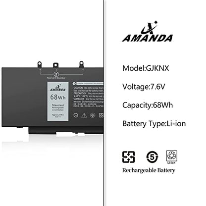 68Wh 7.6V GJKNX Battery Replacement for Dell Latitude 5480 5580 5280 5490 | 5590 5288 5488 E5480 E5580 E5490 E5590 Precision 3520 3530 Series GD1JP 0GD1JP DY9NT 0DY9NT 5YHR4 KCM82 0KCM82 451-BBZG - size: 11.85*5.67*1.26inch GJKNX