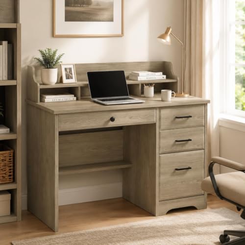 4 EVER WINNER Computer Desk with Drawers, Small Desk with Monitor Stand and File Drawer, Wood Desk with Storage, Writing Desk for Bedroom Home Offic, Grey - color: Grey