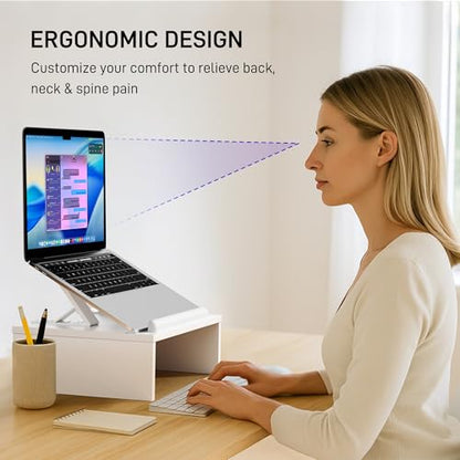 AFOOYO Adjustable Wood Laptop Stand with Storage Space - Notebook Organizer & Ergonomic Computer Riser, Wrist Rest Included, Compatible with 9.8-15'' Laptops (MacBook Air Pro/HP/Dell/Lenovo),White - color: White