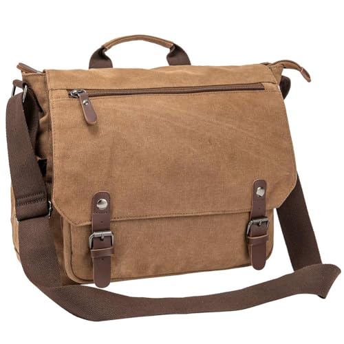 Vintage Genuine Leather Waxed Canvas Briefcase Large Satchel Shoulder Bag Rugged Computer 15.6" Laptop Bag - color: Coffe