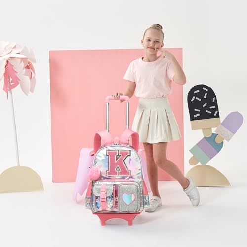HTgroce Cute Rolling Backpack with Wheel,School Backpack for Kids Girl Roller Schoolbag Wheeled Backpacks Set Carry-on Luggage,Pink K - color: Pink, style: K