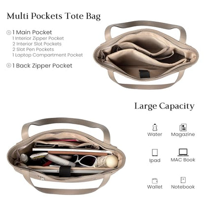 befen Genuine Leather Tote Bag for Women Work Travel Leather Purse Handbags | Real Leather, Padded 14" Laptop Compartment, Multi-Pockets, Zipper, Tote Bag for Daily - color: Taupe