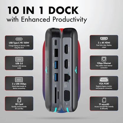 Type C 10 in 1 Wozoyo Docking Station with 2XUSB 5Gbps, Dual 4K HDMI, VGA, Gigabit Ethernet, USB 2.0, SD & TF, PD 100W, Compatible with Thunderbolt 4, macOS, Windows, Android & iOS - style: 10-in-1