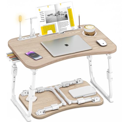 Lap Desk for Bed Adjustable Height, Foldable Bed Table with Storage Drawer, Tablet Slot & Cup Holder, Portable Laptop Stand for Bed & Sofa, Bed Desk for Adults & Kids, Glacier - color: Glacier