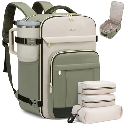 LOVEVOOK 50L Travel Backpack for Women & Men - 18 Inch Carry On Backpack & Personal Item Backpack for Airlines, Spacious and Durable Design, with 3 Packing Cubes - color: Light Green-beige-olive Green, size: X-Large-50L-4Pcs