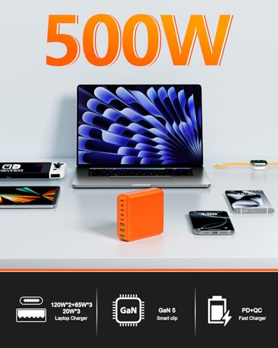 500W USB C Charger Block, 8-Port USB C Charging Station Fast Charging PD 120W PC Laptop Charger Adapter Compatible with MacBook Pro/Air/All iPad,DELL, iPhone 16/15/14/13/Pro Max/Galaxy - color: ORANGE