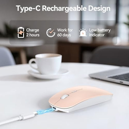 TECKNET Bluetooth Wireless Mouse, Rechargeable Silent Portable Computer Mouse, 6 Adjustable DPI, Dual Mode (Bluetooth 5.2/3.0 and 2.4G USB Receiver) for Laptop, iPad, MacBook, PC, Desktop, Android - color: pink