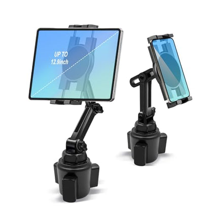 Cup Holder Car Tablet Mount, 360° Adjustable 2-Arm Stand Holder for iPad Pro 12.9/11/10.5/9.7/Air/Mini 6/5/4, Galaxy Tab/Z Fold 6/5, Amazon Fire HD, iPhone 16/15/14/Pro, 4.7-12.9" Tab & Phone - size: 11.4"