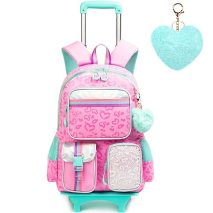 Meetbelify Backpack with Wheels for Girls Rolling Backpack Cute Carry on Backpack for Elementary Student - color: Love Pink