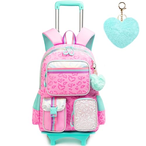 Meetbelify Backpack with Wheels for Girls Rolling Backpack Cute Carry on Backpack for Elementary Student - color: Love Pink