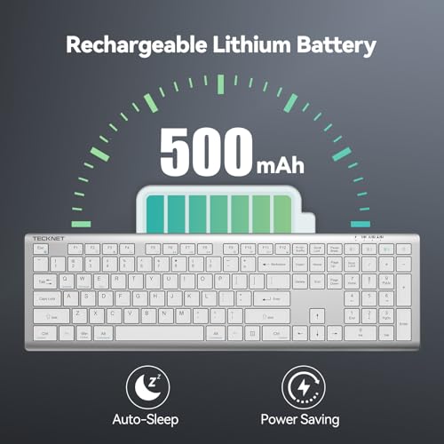 TECKNET Bluetooth Keyboard Rechargeable 4-Device (2.4G+BT) | Multi-device Free Switching, Ultra-Slim, Numeric Keypad, Quiet Full Size Wireless Keyboard for PC/Laptop/Smart TV/Phone - color: White