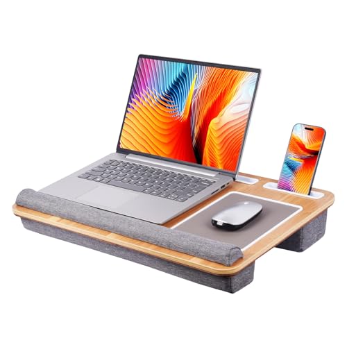 Home Office Lap Desk with Wrist Rest Wrist Rest, Mouse Pad, and Phone Holder Large Laptop Bed Desk for Notebook, Laptop, Tablet, Lap Stand Fits Up to 17 Inch Laptops (Woodgrain) - color: Woodgrain, size: Large