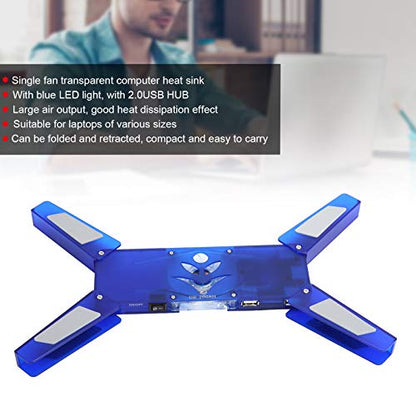 Laptop Cooling Pad Fan, Blue | Transparent Single Blue LED Light, 2.0 USB HUB, Portable Foldable DR-2008H, Sturdy Durable ABS Material