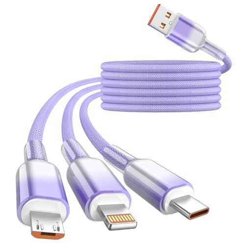 Multi Charging Cable, 3 in 1 Chargers for Multiple Devices, 48 Braid Universal Charger Cord with USB-C/IP/Micro, Multi Charger Cable for iPhone17-11/ Android/Pad 4FT, Travel/Car/Cruise/Beach - color: Light Purple, size: 4FT 1Pack