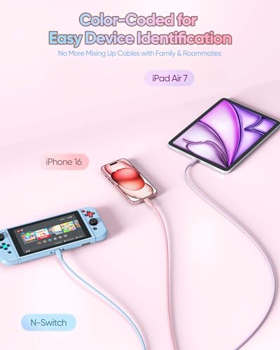 10FT USB C to USB C Cable 3Pack-Soft Silicone in Pink Purple Blue | 10 FT USB C Fast Charging Cable Long, Color-Coded for iPhone 17/16/15, iPad, Sam-Sung,Pixel,MacBook Neo Pro Air - size: 10FT