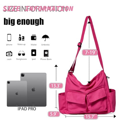 Canvas Messenger Bag Large Hobo Crossbody Bag with Multiple Pockets Casual Shoulder Tote Bag for Women and Men - color: Dragonfruit