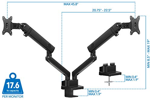 Mount-It! Dual Monitor Arm Desk Stand, 24-32" Screens | Premium articulating spring arms with height adjustment, fits two VESA 75/100 screens, C-clamp & grommet.
