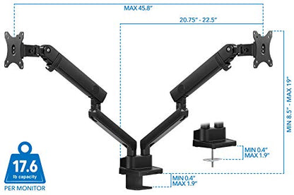 Mount-It! Dual Monitor Arm Desk Stand, 24-32" Screens | Premium articulating spring arms with height adjustment, fits two VESA 75/100 screens, C-clamp & grommet.
