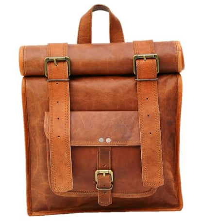 URBAN DEZIRE Men's Leather Vintage Roll On Laptop Backpack Rucksack knapsack college bag - size: 11"(L), 16"(Rolled) -(H)- 21"(Open), 4(W)
