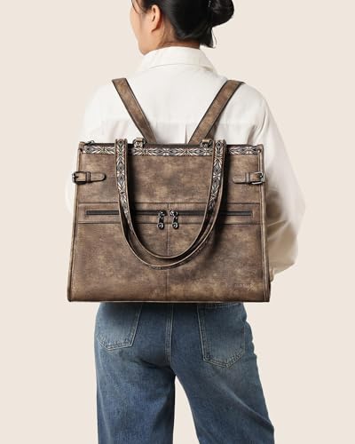 FADEON Laptop Bag for Women Designer PU Leather Large Tote Bags Backpack Purses with 15.6 Laptop Compartment Shoulder Handbag - color: Coffee Brown