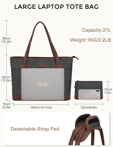 RAVUO Laptop Tote Bag for Women, Water Resistant 15.6 Inch Computer Handbag Purse Teacher Bag With Portable Small Pouch - color: Dark Grey&brown