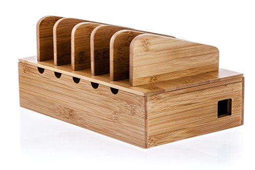 Prosumer's Choice Wooden Charging Station Organizer - 5-Port Base for Phones, Tablets and Laptops - Multi-Device Docking Station with Removable Divider Slots - Cord Box with Cable Management - Bamboo - color: Natural Bamboo