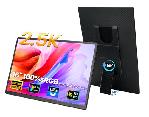 16" 2.5K Portable Monitor - QHD Laptop Screen Extender 100% sRGB Wide Color HDMI/USB C/USB A Travel External Display Stand Gaming Monitor for PC Windows MAC Computer Switch Phone Xbox PS4/5