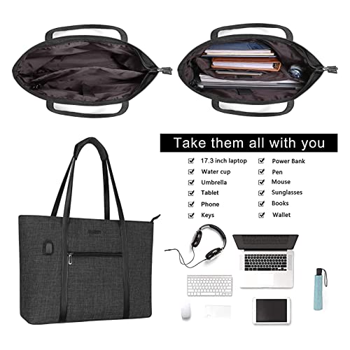 MOSISO USB Port Laptop Tote Bag for Women,Compatible with MacBook, 17-17.3 inch Notebook and Chromebook, Work Travel Business Computer Bag with Small Purse, Black - color: Black