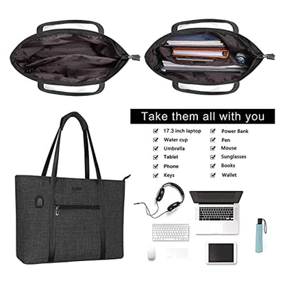 MOSISO USB Port Laptop Tote Bag for Women,Compatible with MacBook, 17-17.3 inch Notebook and Chromebook, Work Travel Business Computer Bag with Small Purse, Black - color: Black