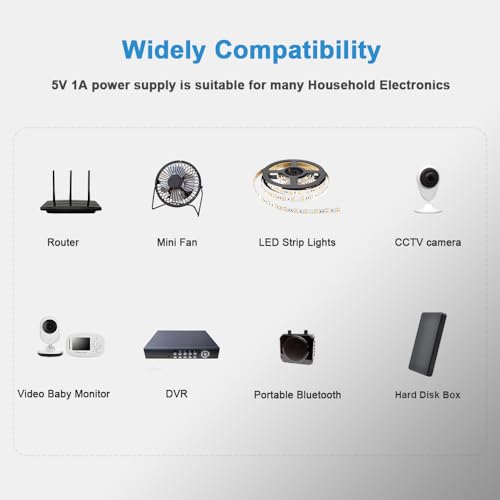 Universal 5V 1A Power Supply Adapter, 5W All-in-one Charger with 8 DC Tips 1000mA, 800mA, 600mA, 400mA, 200mA Available in Clock, Exercise Bike, Router, Security Camera, LED Strip Light, and More