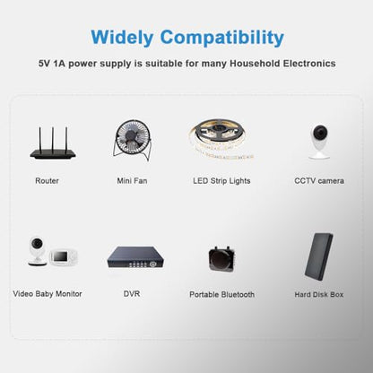 Universal 5V 1A Power Supply Adapter, 5W All-in-one Charger with 8 DC Tips 1000mA, 800mA, 600mA, 400mA, 200mA Available in Clock, Exercise Bike, Router, Security Camera, LED Strip Light, and More