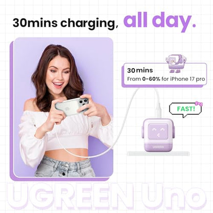 UGREEN Uno 30W USB C Charger Block, Compact Nexode Robot GaN Fast Charger for iPhone 17/16/15/14, Galaxy S26/S25/S24/S23, Pixel 10/9/8/7, MacBook Neo/Air, iPad Pro, Kawaii Purple - color: Purple