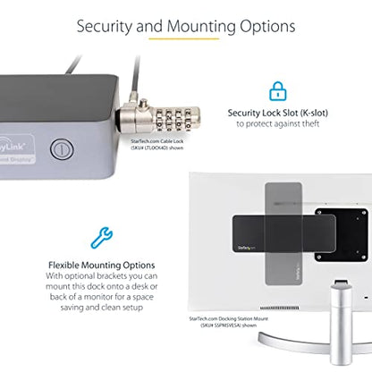 StarTech Hybrid USB-C USB-A Universal Dual 4K HDMI DP Dock for Mac, 100W | DisplayLink, 4-port 5Gbps hub, Gigabit Ethernet, audio, K-slot, for Windows, macOS, Ubuntu and ChromeOS, fast-charge ports