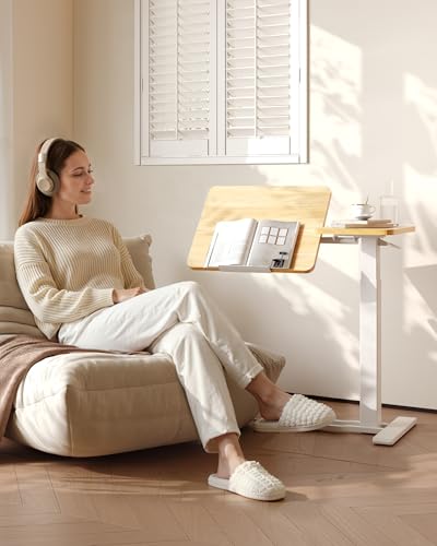 FLEXISPOT Adjustable Height C-Shaped End Table with Single-Side Tilting Top, Mobile Side Table for Sofa & Bedside, Slides Under Furniture, Hidden Wheels for Small Spaces, 27.6" W x 15.7" D, Maple - color: Maple, size: 28×16