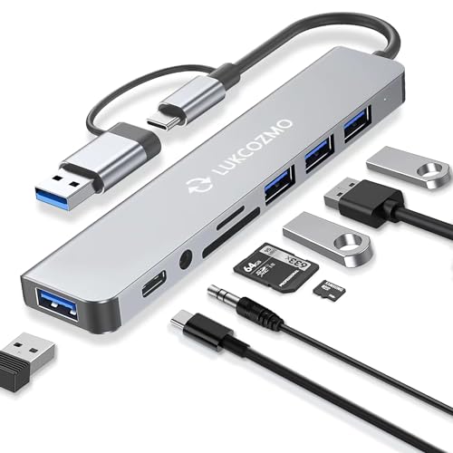 7 in 1 USB C Hub with USB 3.0 Splitter, 4 USB Ports & SD/TF Card Reader | Compatible with MacBook, iPad Pro, Dell, HP Laptops, Audio Output, Plug and Play, No Driver Needed, Aluminum Alloy Housing - color: Compatible for Apple, grey