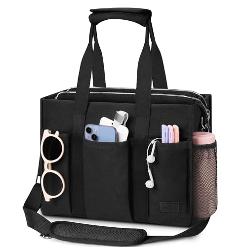 Tote Bag for School, Large Canvas Crossbody Shoulder Bag for College | Fits 14" Laptop with Padded Compartment & Zipper Pockets - color: Black, size: Large