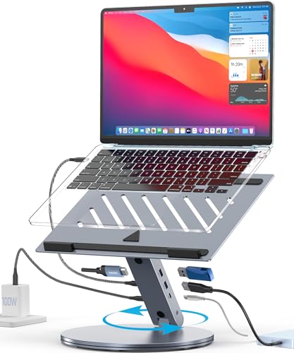 YICOSUN Laptop Stand for Desk, 360° Rotating & Height Adjustable Ergonomic Computer Riser with Aluminum Cooling Vents for 10-16 inch MacBook, Dell, Lenovo (Grey, USB-C Docking Station) - color: Grey, size: USB-C Docking Station