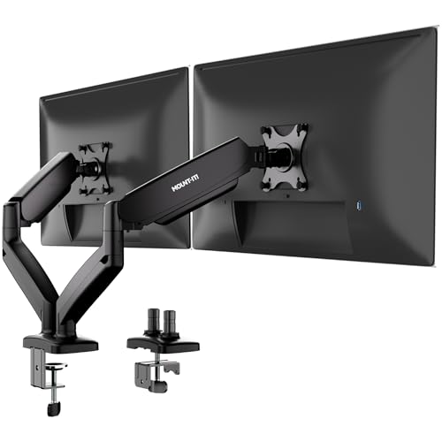 Mount-It! Dual Monitor Desk Mount, 13-32", 17.6 lbs Each | Two independent gas spring arms, full motion, VESA 75x75 & 100x100, C-clamp & grommet base.
