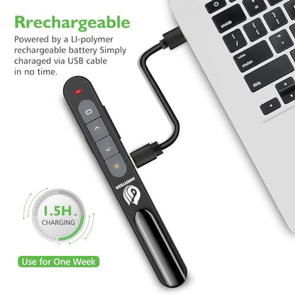 AMERTEER Wireless Presentation clicker for Powerpoint Presentations, Green Light Rechargeable Powerpoint Clicker with Laser Pointer Support Hyperlink RF 2.4GHz (1 PCS) - color: Green Light
