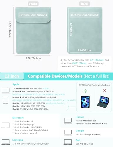 HYZUO 13 Inch Laptop Sleeve PC Case for MacBook Pro 13 M2 M1 2026-2016, 13" MacBook Neo 2026 A3404, MacBook Air 13 M5 A3449 M4 M3 M2 M1 2026-2018, 13" iPad Pro/Air, Surface Pro, XPS 13, Mint Green - color: Mint Green, size: 13 Inch