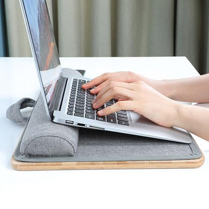 Lap Desk for Laptop with Cushion, Bamboo Laptop Stand with Anti-Slip Strip Tablet Phone Holder, Fits up to 14 inch Portable Computer Lap Desk for Couch, Bed & Car - size: Small