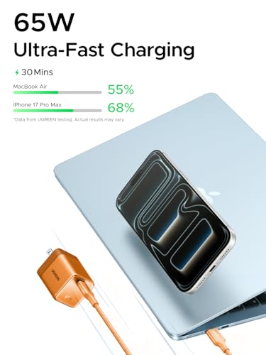 UGREEN Nexode Air 65W USB C Charger, Foldable Mini Charger Block Fast Charging with USB C Cable, GaN Charger for MacBook Air/Neo/Pro, iPhone 17 16, Galaxy S26/S25, iPad, Orange - color: Orange