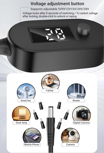 100W PD Power Charger USB-C to DC Adjustable PD Cable with Digital Display, 40 Inches, Black, Multiple Voltage Settings, Male to Male DC 5V 9V 12V 15V 20V Adapter Cable (Default +28-in-2 DC Tip) - style: Default +28-in-2 DC Tip