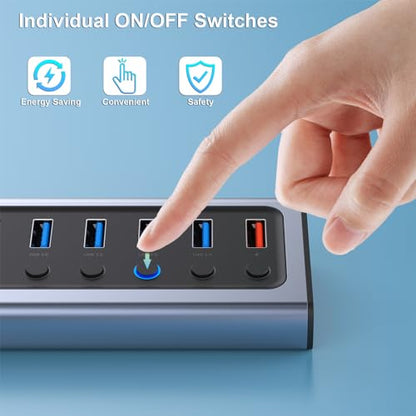 BENFEI 8-Port USB Hub with Power Adapter, USB Splitter Hub(7 Faster Data Transfer Ports + 1 Smart Charging Port) with Individual LED On/Off Switches